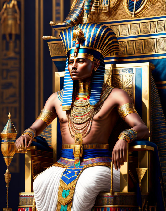 Ancient Egyptian pharaoh on throne with headdress and regalia