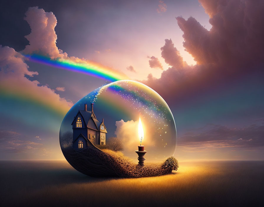 House on hill in transparent bubble with rainbow, vibrant sky, and candlelit stars.