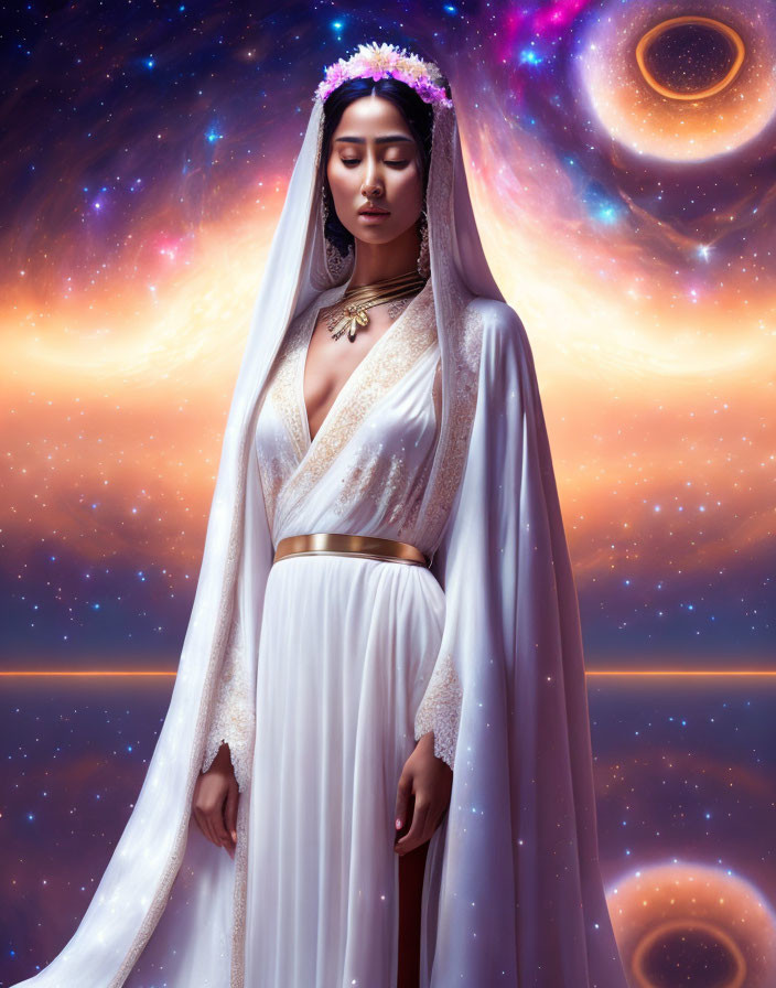 Woman in white gown with floral headpiece in cosmic setting