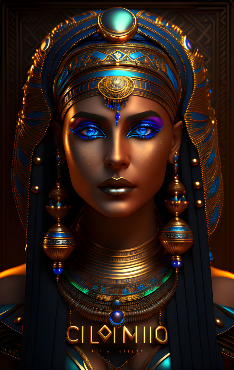 Egyptian queen digital art with gold and blue headdress and jewelry