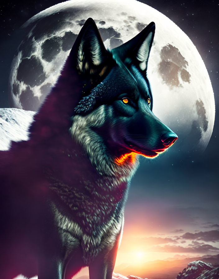 Black wolf digital artwork with glowing eyes in moonlit mountain landscape