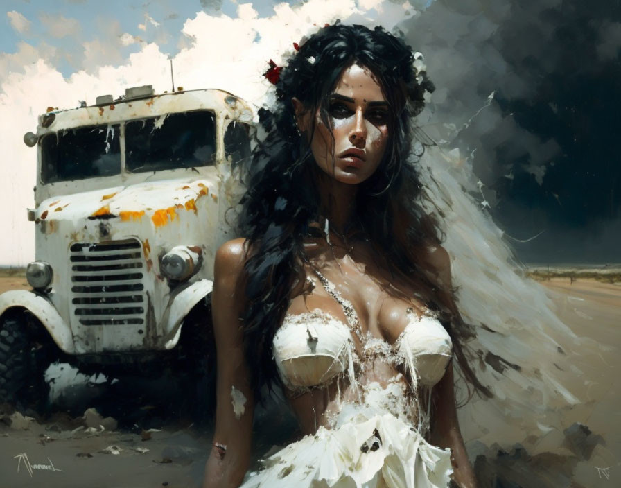 Desolate landscape with woman in tattered bridal gown