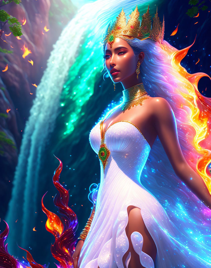 Ethereal woman with galaxy-like hair at luminous waterfall