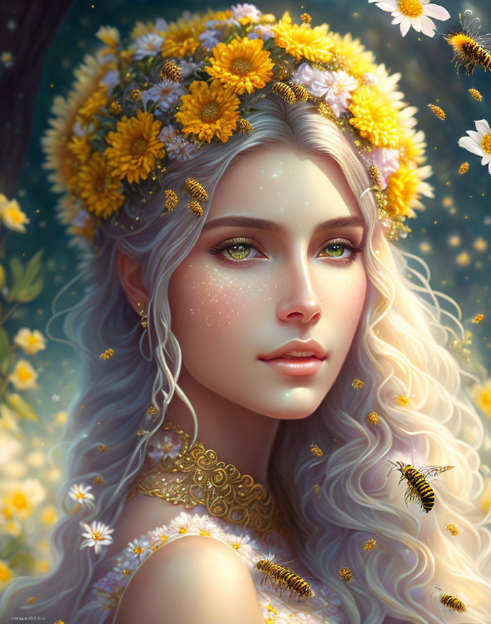 Fantasy female portrait with white hair, yellow flower crown, bees, dandelions.