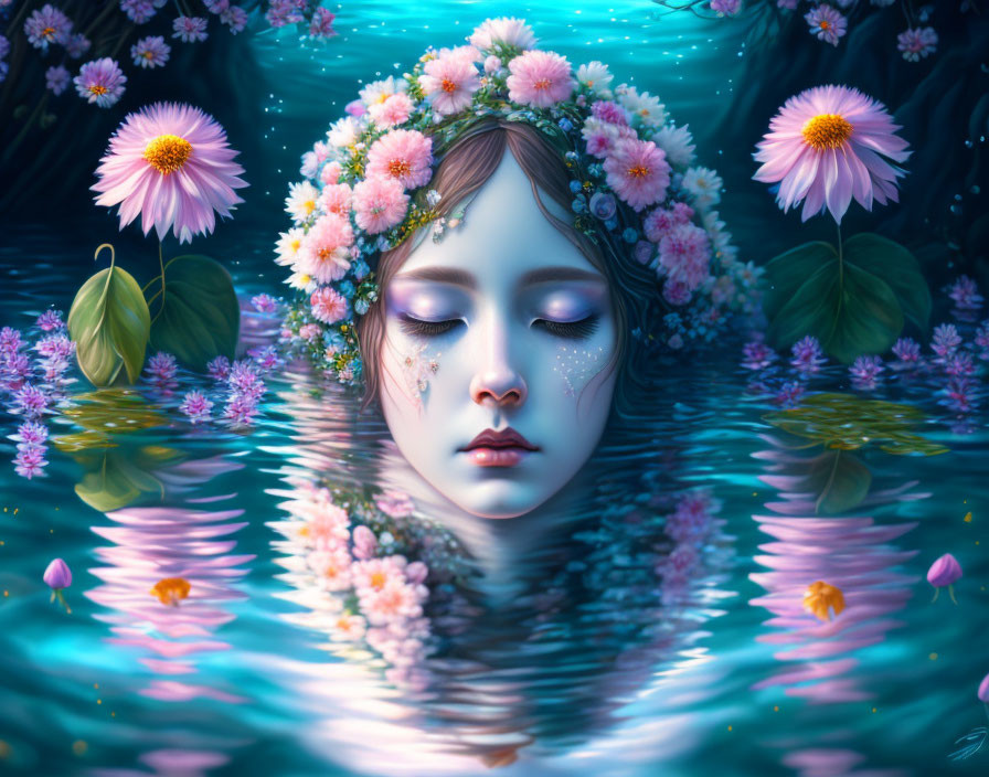 Woman's face in water surrounded by flowers in serene underwater scene