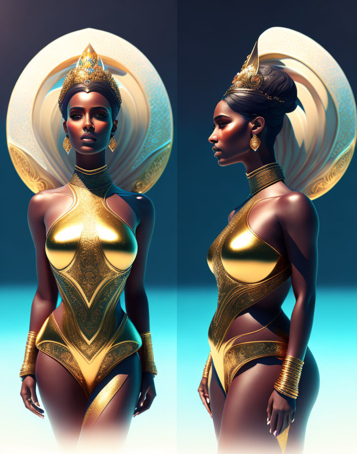 Digital Artwork: Dark-skinned Woman in Luxurious Gold & White Bodysuit