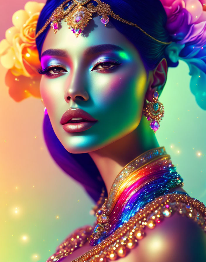 Colorful Woman with Rainbow Makeup and Jewelry