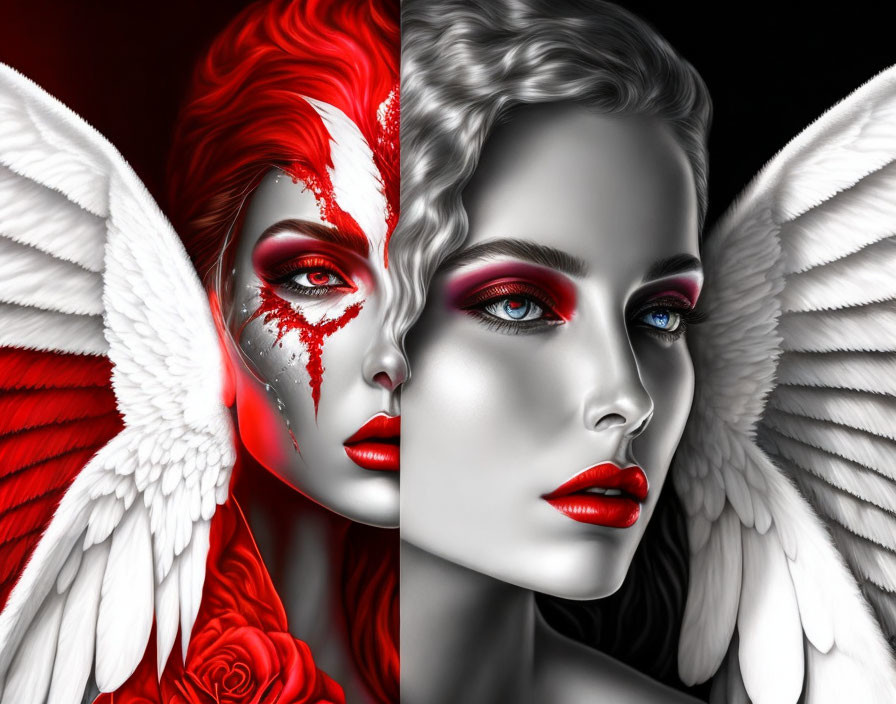 Contrasting themed faces with red and white makeup and bleeding eye, angelic white wings