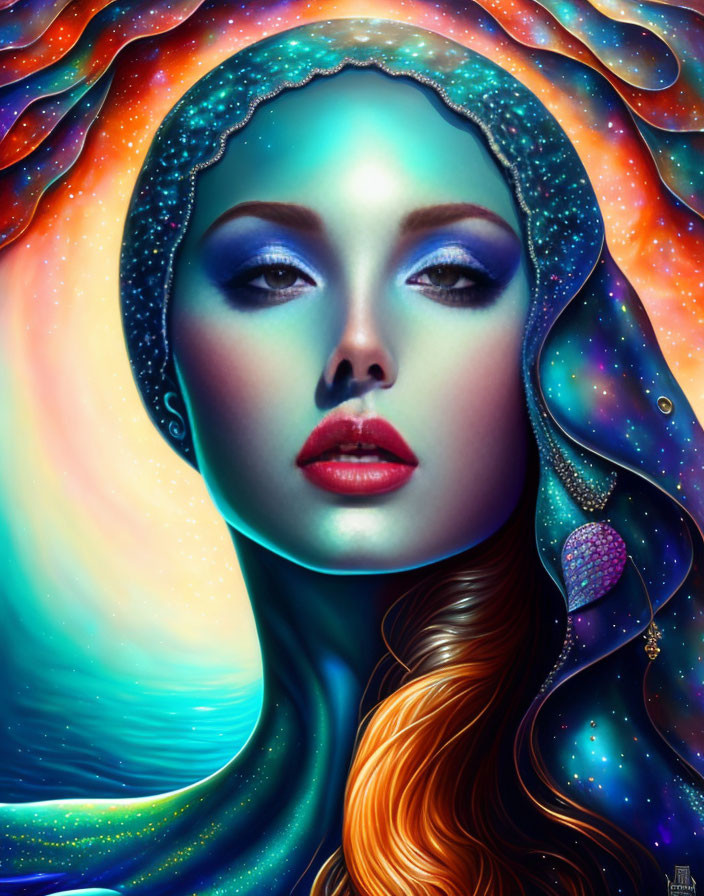 Vibrant cosmic-themed portrait of a woman with flowing hair and starry background