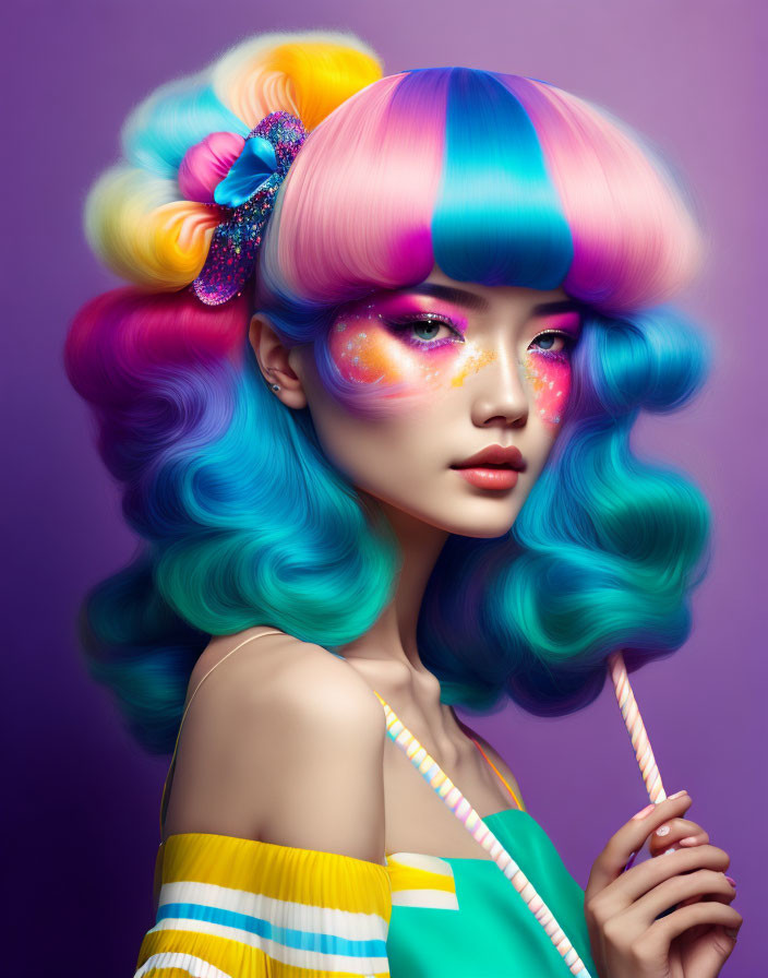 Vibrant rainbow-colored hair with bow and glittery makeup on purple background with spiral lollipop