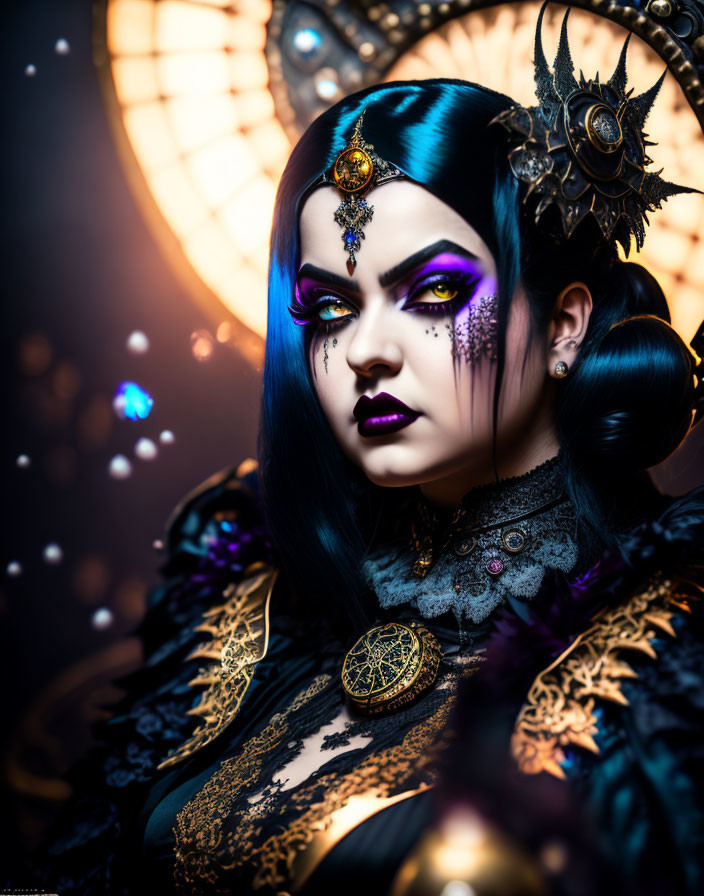 Dark Gothic Woman in Ornate Makeup and Attire with Gold Accents