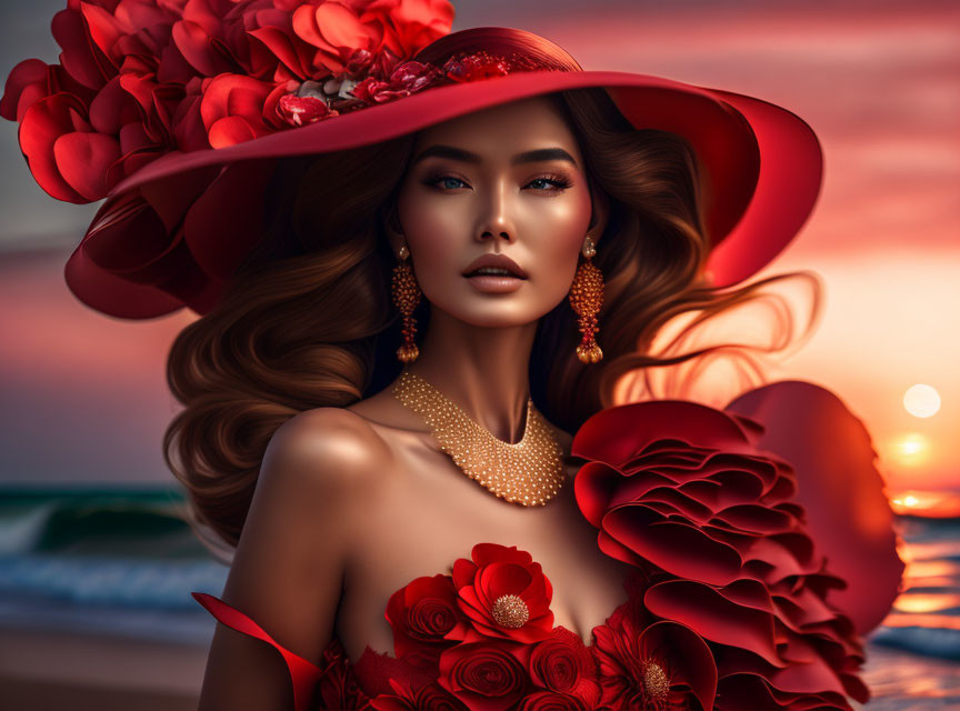 Woman in red hat and floral attire against ocean sunset