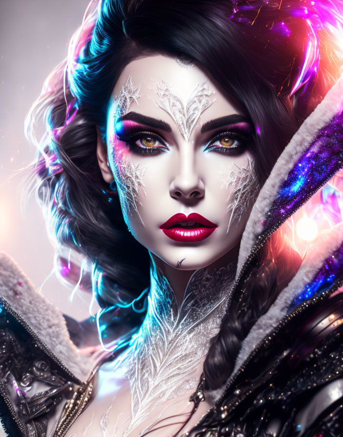 Elaborate fantasy makeup on woman in vibrant digital portrait