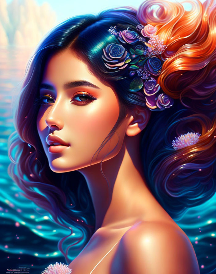 Digital artwork: Woman with colorful flower hair, glowing skin, serene expression, vibrant oceanic background