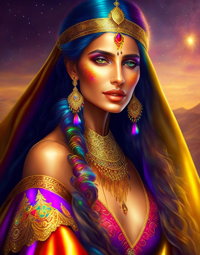 Colorful digital artwork of woman with blue hair in gold headdress and robe against twilight sky and mountains