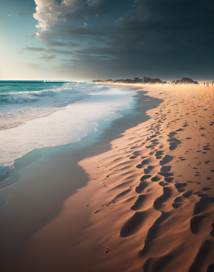 Sandy Beach Footprints with Gentle Waves and Cloudy Sky