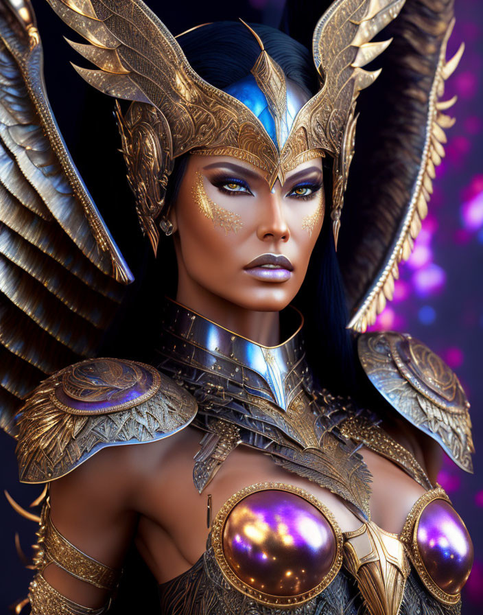 Golden-armored female warrior with winged helmet in cosmic scene