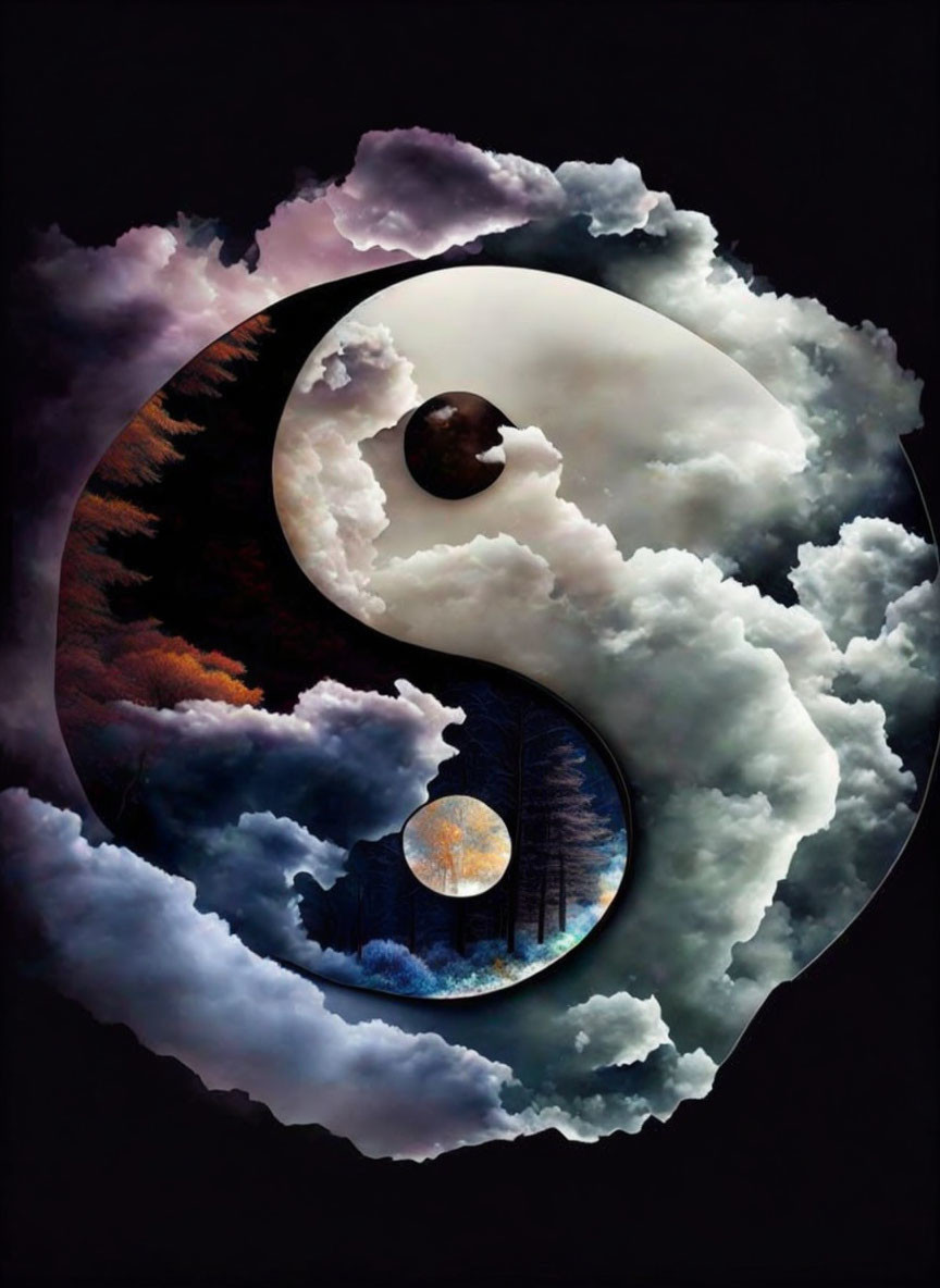 Yin-yang symbol integrating sunset trees and moonlit sky