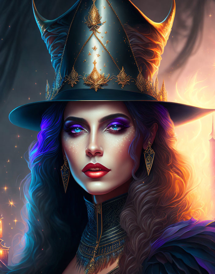 Mystical woman with purple makeup and starry hat in fiery setting