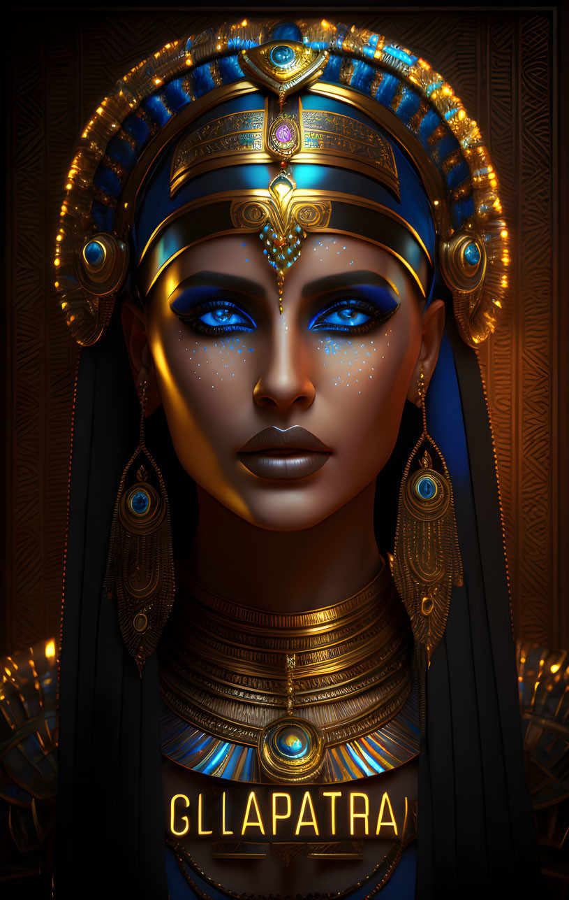 Digital artwork featuring Cleopatra with gold and blue headdress, ornate jewelry, vibrant eyesh