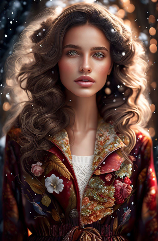 Portrait of woman with wavy hair, green eyes, floral coat in snowy scene