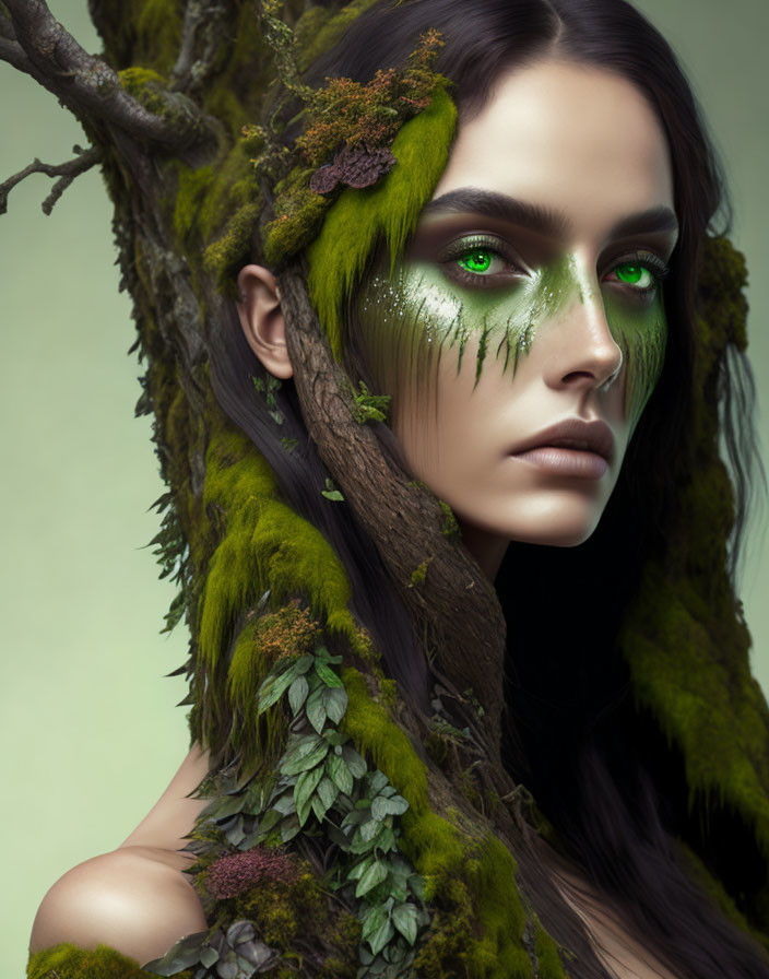 Mystical forest-inspired woman with moss and branches, green eye makeup