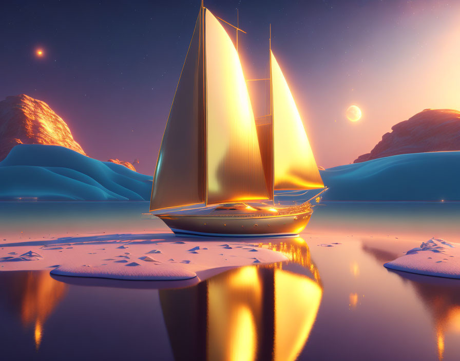 Sailboat illuminated in serene twilight with icebergs & celestial bodies