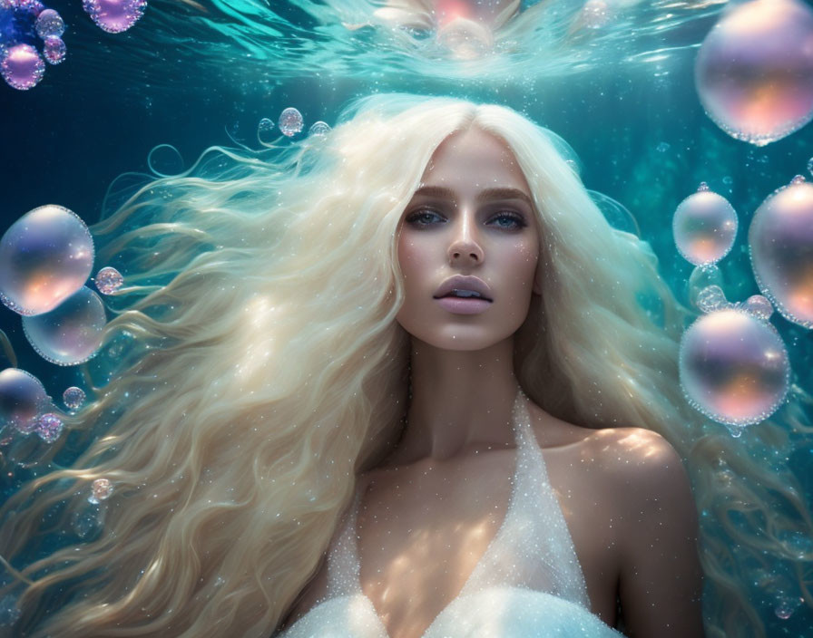 Blonde woman submerged in water with bubbles