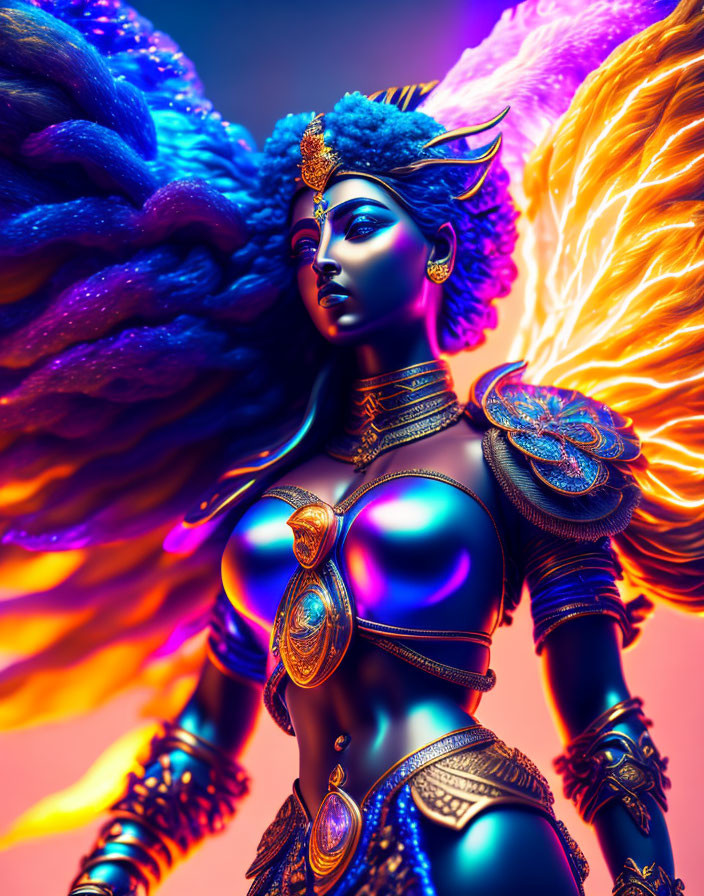 Vibrant image of female figure in blue and gold armor against nebulous background