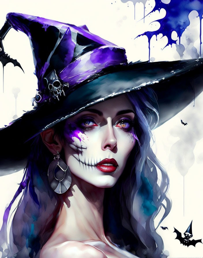 Stylized illustration of fair-skinned woman in witch attire with bats and skull makeup