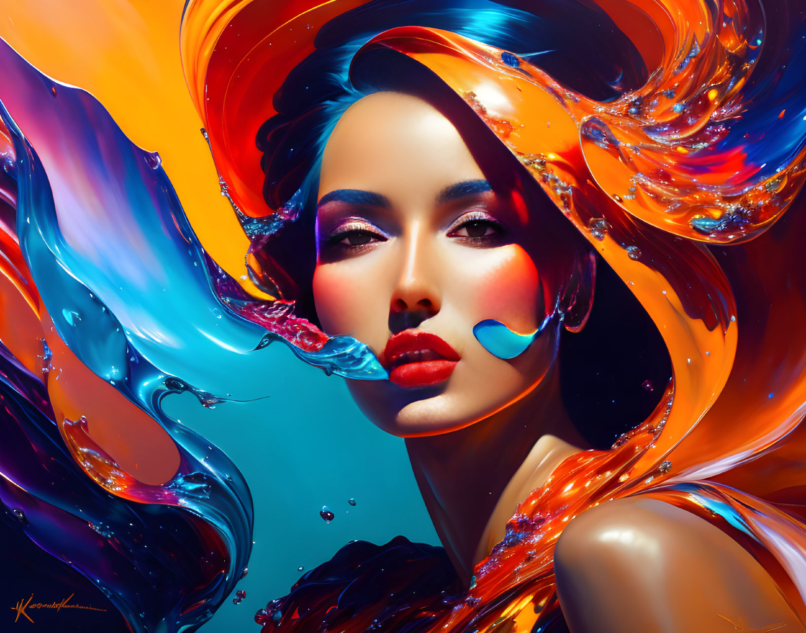 Colorful digital artwork: Woman's face in swirling liquid shapes