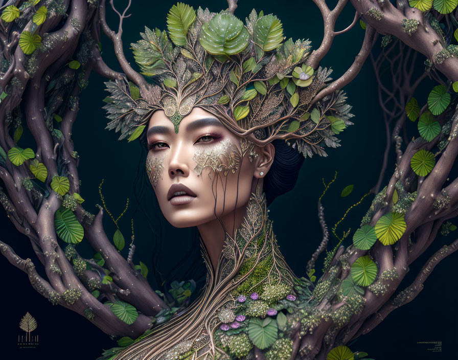 Digital Artwork: Woman with Tree Branches and Greenery Hair