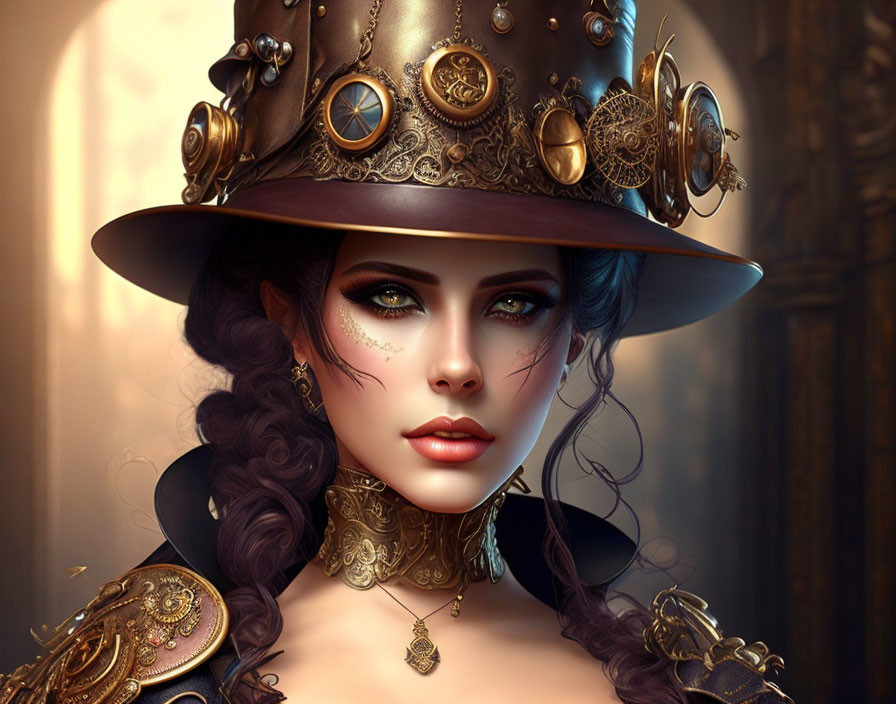 Steampunk-themed woman portrait with gear-adorned hat and choker