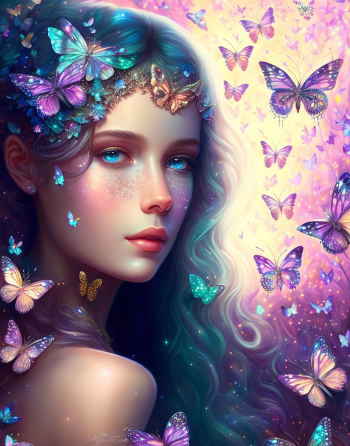 Teal-haired woman with butterfly adornments and mystical aura in digital art