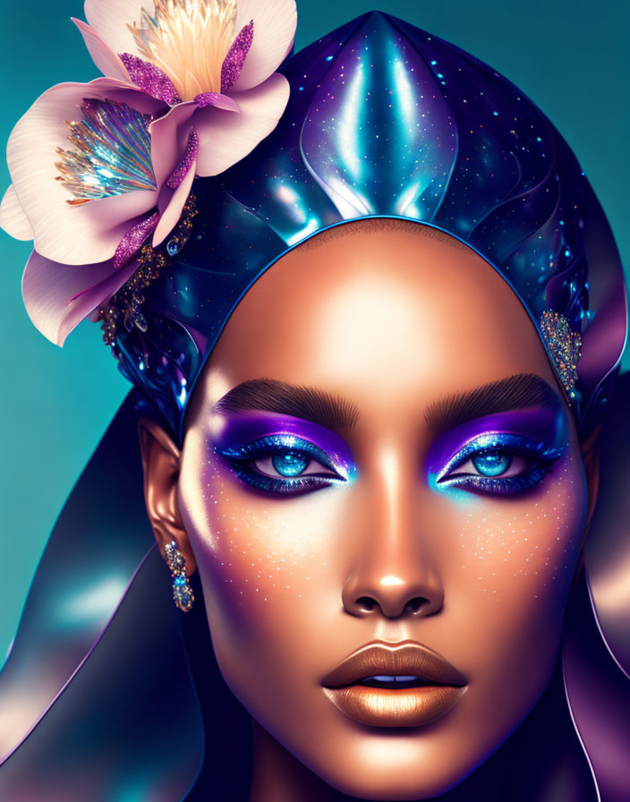 Digital artwork featuring woman with vibrant purple eye makeup, galaxy-themed headscarf, and pink flower