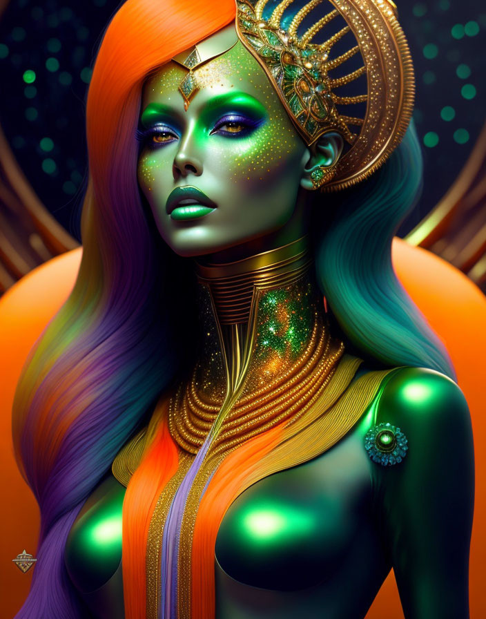 Colorful woman portrait with green skin and cosmic backdrop