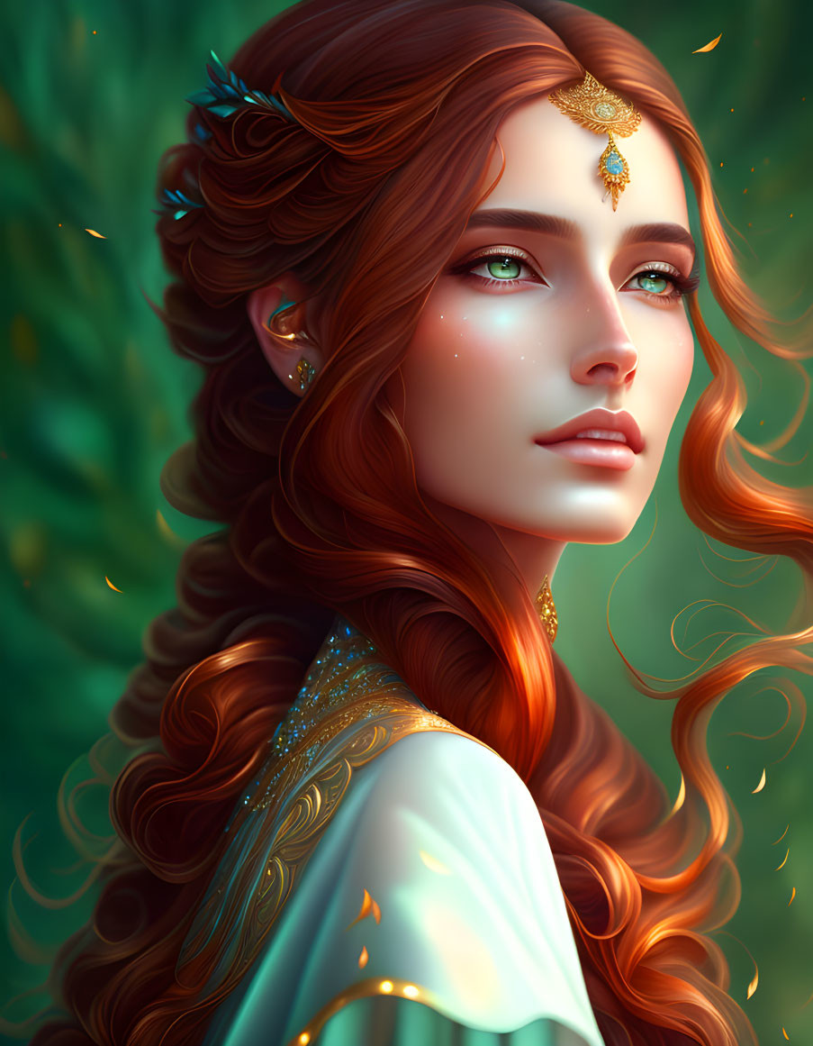 Illustrated portrait of woman with auburn hair and gold jewelry in serene pose on green background