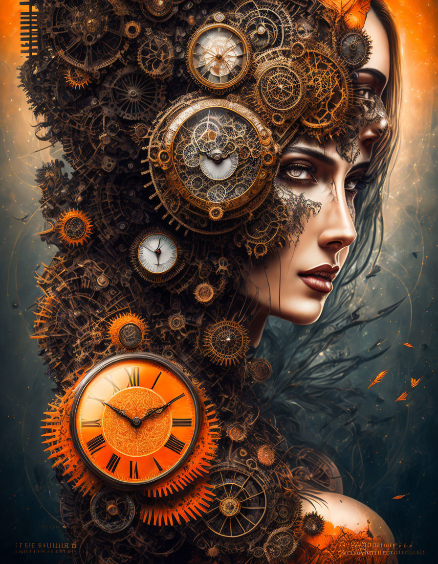 Intricate digital artwork: Woman's face obscured by gears and clocks