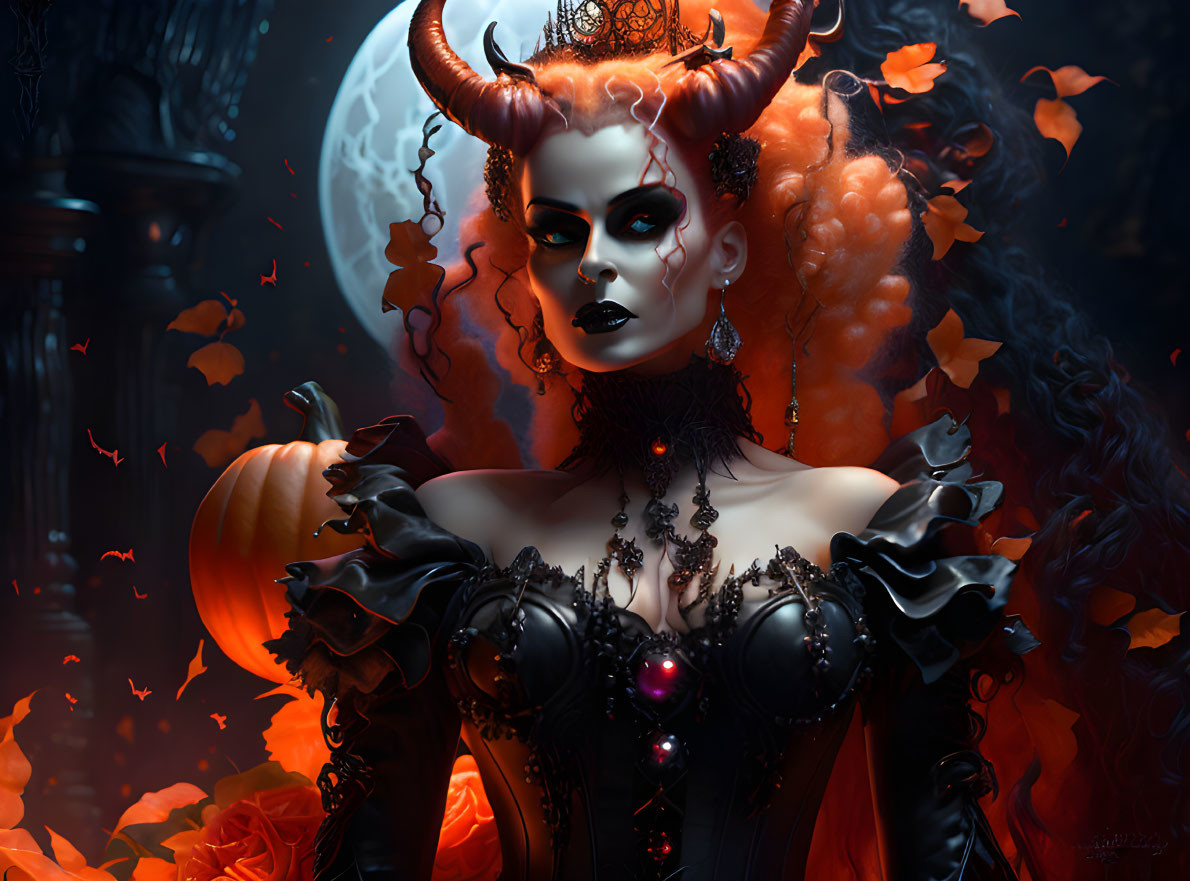 Gothic fantasy figure with horns holding a pumpkin in moonlit setting