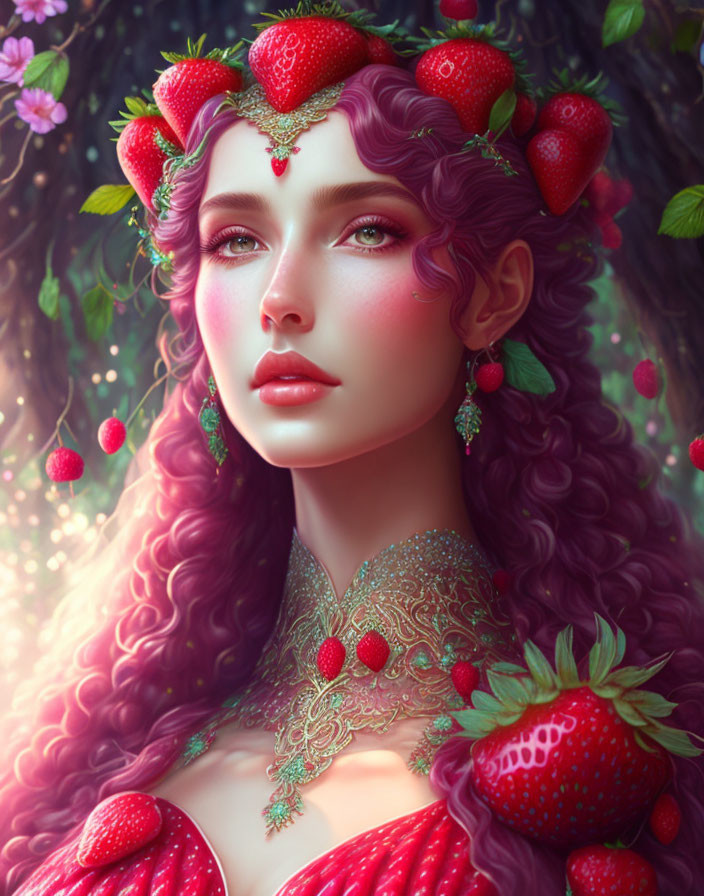 Digital artwork: Woman with purple hair and strawberry adornments in red dress on floral backdrop