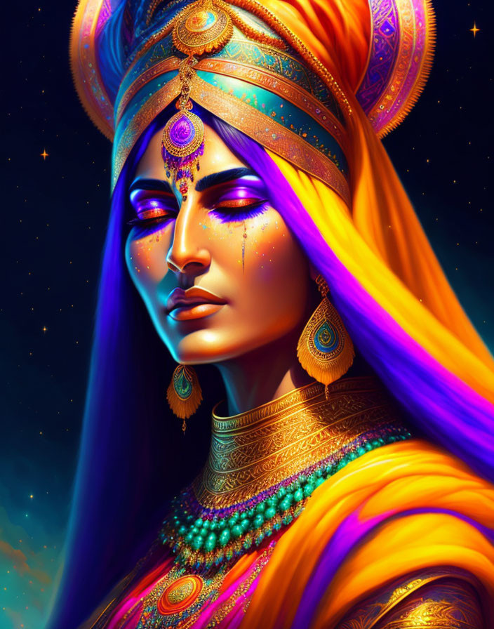 Vibrant portrait of woman in regal attire against cosmic backdrop