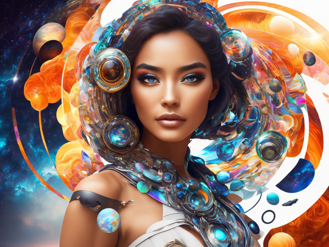 Celestial-themed headdress with planets and nebulas: Futuristic cosmic vibe