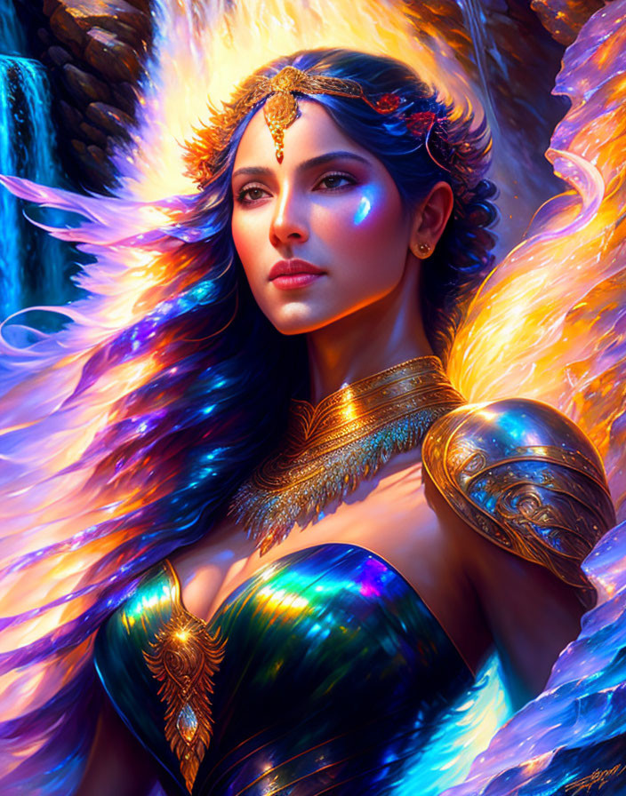 Digital artwork: Woman with ornate golden headpiece and armor, glowing hair and cloak.