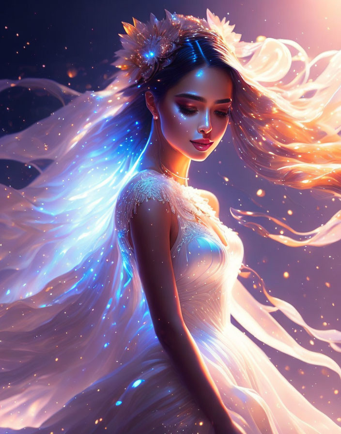 Woman with ethereal glow and luminous hair in dreamy dress against starry backdrop