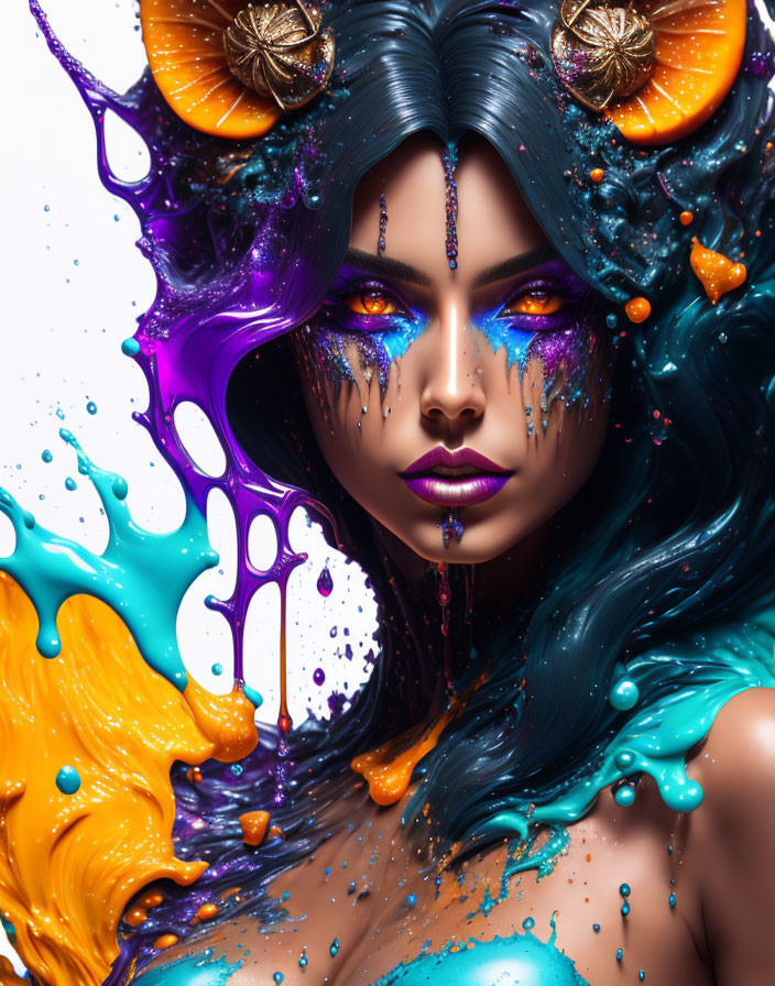 Vibrant fantasy portrait: woman with blue hair, orange and purple makeup, shell-like decorations,