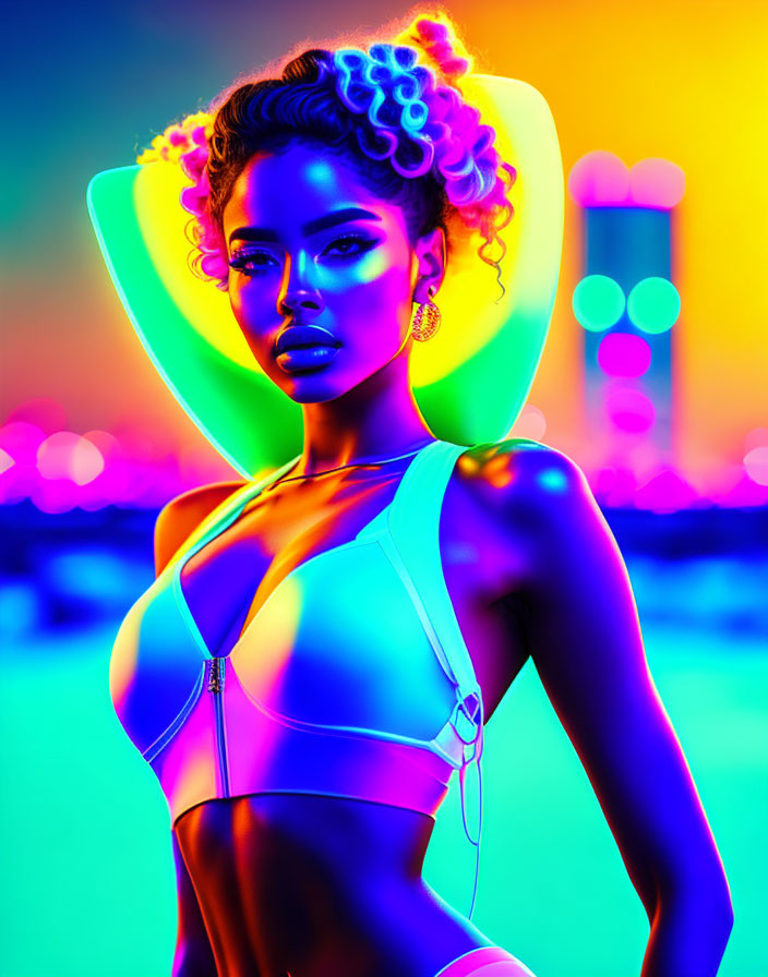 Futuristic woman with vibrant neon lights and colorful backdrop