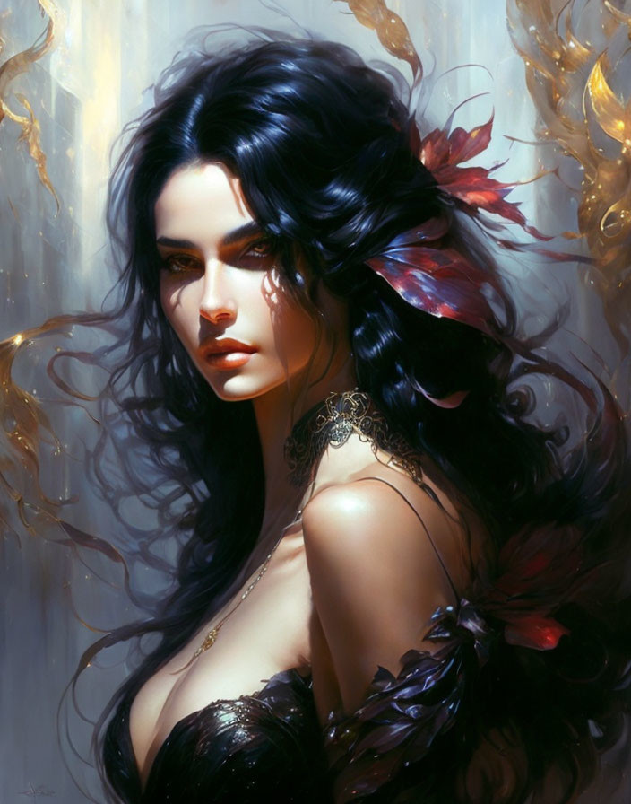 Dark-haired woman with feathers in mystical setting