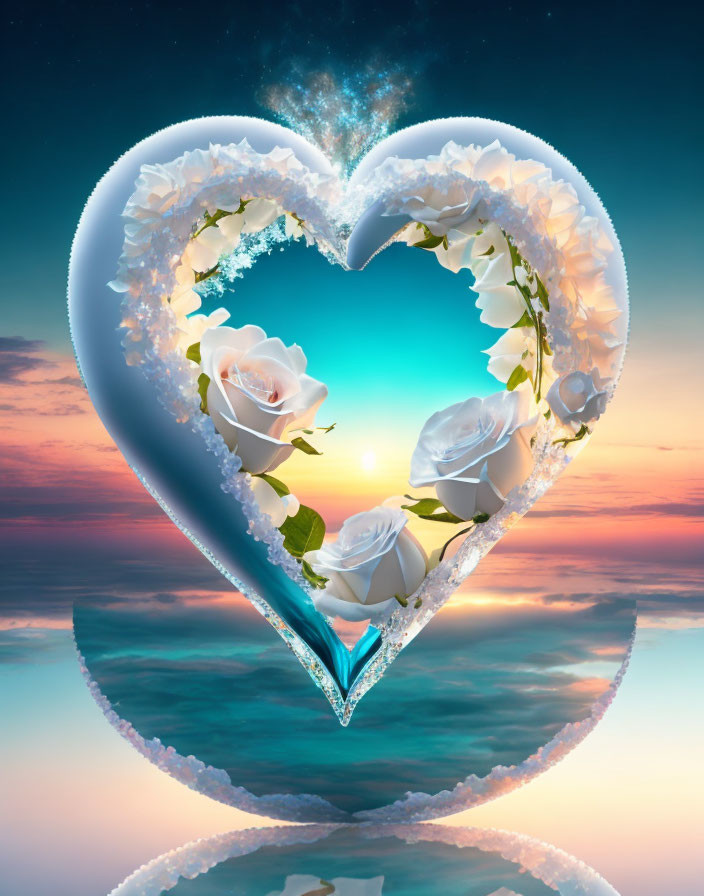 Heart-shaped frame with white roses on water at sunset with stars.