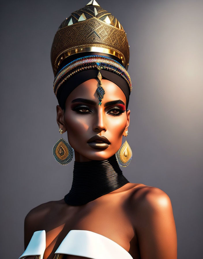 Woman with dramatic makeup and golden accessories on grey background