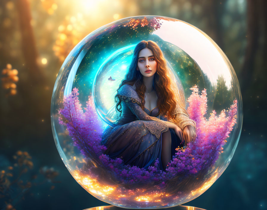 Regal woman in cosmic sphere with flowing hair and mystical forest backdrop